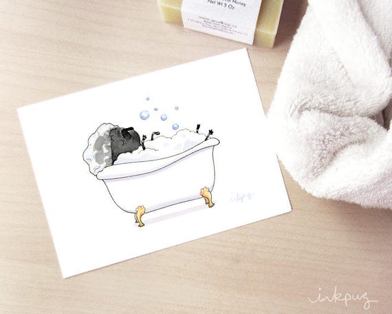 Black Pug Bath Bubbles - minimalist pug in the tub art print, cute black pug bathroom decor, bath art, black pug art print by Inkpug