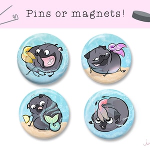 Merpugs black pug mermaid pins or magnets - set of 4 pinback buttons or refrigerator magnets, pug magnets, cute mermaid magnets by Inkpug