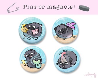 Merpugs black pug mermaid pins or magnets - set of 4 pinback buttons or refrigerator magnets, pug magnets, cute mermaid magnets by Inkpug