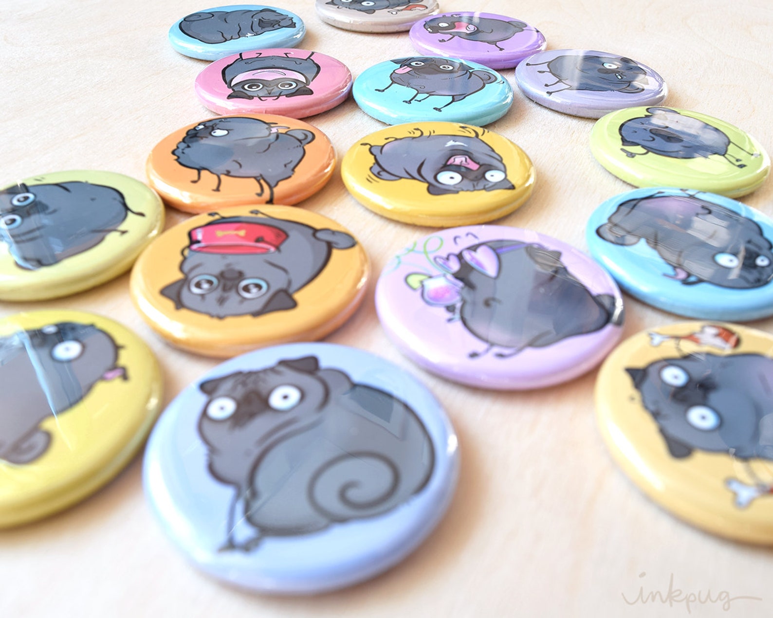 Pugmojis Set #1 - Black Pug Magnets, Cute Black Pug Pins, Funny Black ...