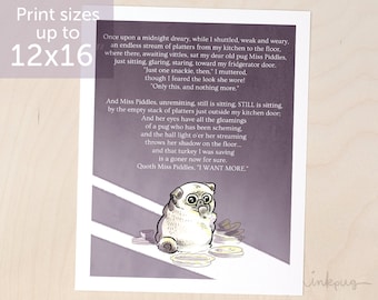 Pug Poetry: The Cravin - funny pug print, pug poem based on Edgar Allan Poe's The Raven, pug art by Inkpug