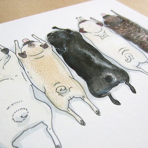 Pug Spectrum Art print of our pug grumble ink and watercolor illustration with fawn, brindle and black pugs in a row by InkPug image 2