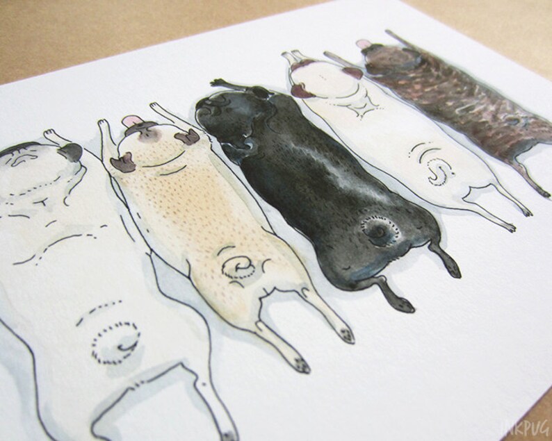 Pug Spectrum Art print of our pug grumble ink and watercolor illustration with fawn, brindle and black pugs in a row by InkPug image 2