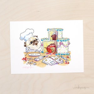 May include: A pug wearing a chef's hat looks sadly at a multi-tiered cake with a pink ribbon and sprinkles. The cake is surrounded by scattered ingredients, including a cookbook, a whisk, and a plate with a single cherry.