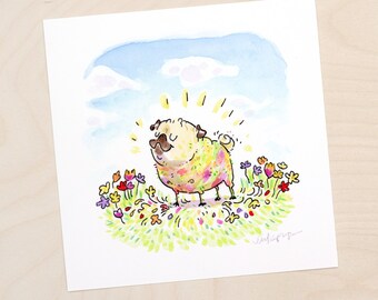 A New Coat for Spring - flower pug print, roll in the flowers pug art, colorful flower stained pug by Inkpug