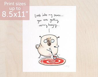 Pizza Hypnotist funny pug comic - pizza pug art print, pizza hypnosis kitchen print, pug decor, pug illustration wall art by Inkpug