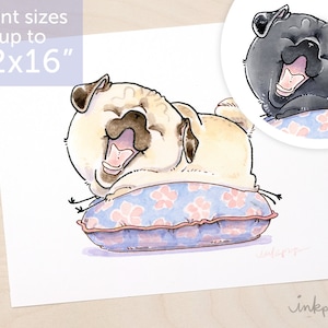 Spring Awakening - pug yoga art, pug stretch, fawn or black pug art, napping pug bedroom decor, cute pug bed, watercolor pug print by Inkpug