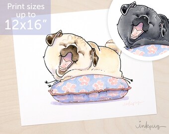 Spring Awakening - pug yoga art, pug stretch, fawn or black pug art, napping pug bedroom decor, cute pug bed, watercolor pug print by Inkpug