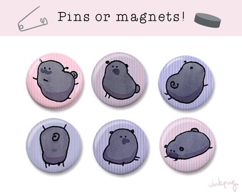 Pinstripe Pugs - black pugs or fawn pugs - pink and blue soft watercolor pugs in magnets or pins, simple pug art, pugtato pugs by Inkpug