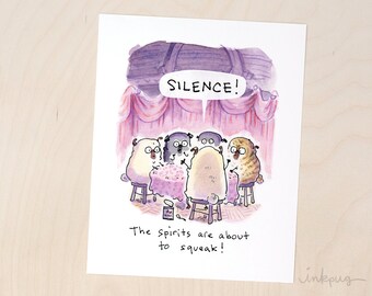 The Spirits Are About to Speak - funny pug Halloween seance print with fawn, black pugs and brindle pug, Halloween pug farts by Inkpug