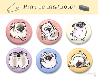 Pugmojis Set #4 - NEW - funny pug pins, cute pug magnets, colorful pug fridge magnets or pinback buttons by Inkpug