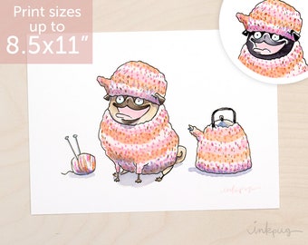 Warmest Wishes - funny pug art for knitter, knitting pug art, fawn or black pug with knit tea cozy hat, teapot pug art by Inkpug