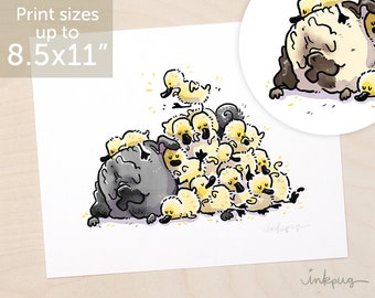 Just Ducky - pug and ducklings print, chick magnet pug art, down blanket fawn or black pug art print for pug nursery or pug decor by Inkpug