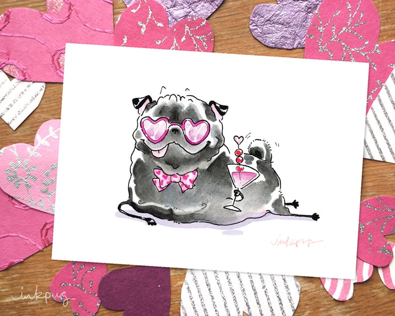 May include: A black pug wearing pink heart-shaped sunglasses and a pink bow tie, holding a pink cocktail with a cherry on top. The pug is sitting on a white background.