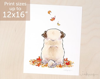 First Fall Leaves - autumn leaves pug art print, Thanksgiving or Halloween pug, cute fall pug print, watercolor pug painting by Inkpug