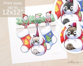 Stocking Pug art print - Pug Christmas print, holiday pug decoration, elf, cute pug in a stocking, brindle black pug Christmas art by Inkpug