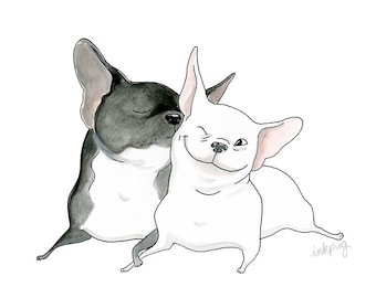 Frenchie Kiss - French Bulldog art print, black and white Frenchie Print, cute French Bulldogs illustration, love art by Inkpug