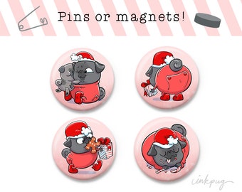 Black Pug Elves - cute black pug Christmas pins or magnets, holiday pugs, black pug gift, black pug stocking stuffer, santa pugs by Inkpug