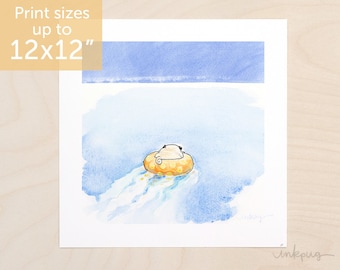Goodbye to Summer - pug floating away, inner tube pug in the sea, swimming pug on the ocean watercolor pug art print by Inkpug