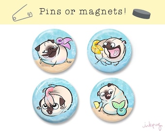 Merpugs fawn pug mermaid pins or magnets - set of 4 pinback buttons or refrigerator magnets, pug magnets, cute mermaid magnets by Inkpug