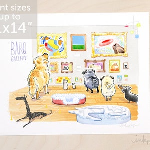 Barq Gallery - dog art museum with black pug, fawn pugs, golden retriever, and dachshund; pug art print by Inkpug