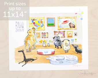 Barq Gallery - dog art museum with black pug, fawn pugs, golden retriever, and dachshund; pug art print by Inkpug