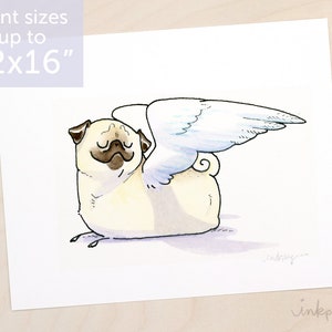 Angel Wings pug art print - pug angel art, fawn pug memorial print by Inkpug