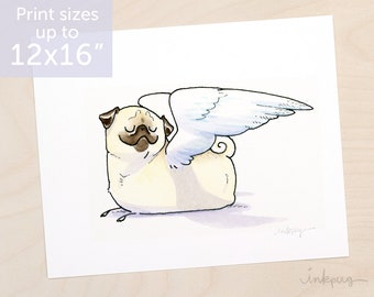 Angel Wings pug art print - pug angel art, fawn pug memorial print by Inkpug