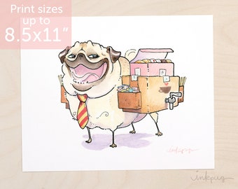 Employee of the Month pug print - funny office pug art, pug office humor, pug with donuts and coffee break watercolor pug artwork by Inkpug