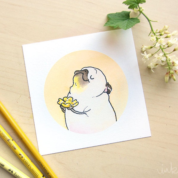 Flower Pugs - Buttercup fawn pug art print - spring flower painting, cute pug watercolor, spring pug decor by Inkpug