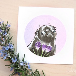Flower Pugs: Crocus Black Pug Art Print - Pug Print from our Watercolor Illustration - Cute Wall Art, Black Pug Decor by Inkpug