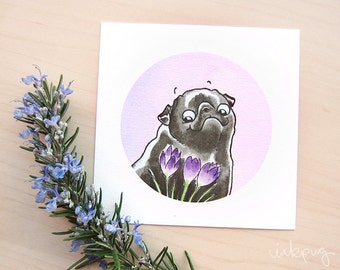 Flower Pugs: Crocus Black Pug Art Print - Pug Print from our Watercolor Illustration - Cute Wall Art, Black Pug Decor by Inkpug