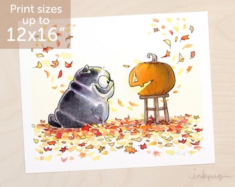 Staring Contest - black pug Halloween art, autumn black pug print, black pug jack o lantern and fall leaves black pug art by Inkpug