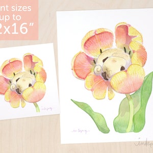 Tulip Nap pug art print, cute pug painting, sleeping pugs and flowers print, pug print from a pug watercolor painting by Inkpug