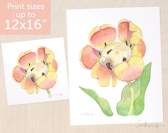 Tulip Nap pug art print, cute pug painting, sleeping pugs and flowers print, pug print from a pug watercolor painting by Inkpug