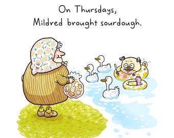 Mildred's Sourdough - feeding the geese pug print, funny pug art by Inkpug