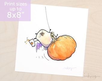 Pumpkinball - Halloween Pug riding a pumpkin wrecking ball, bat pug pumpkin spice print, cute pug art for fall by Inkpug