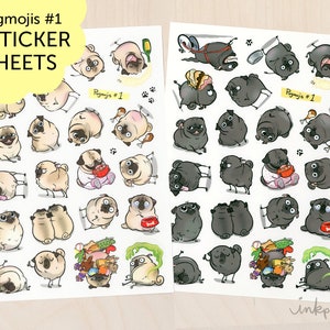 Pugmojis #1 pug stickers - fawn or black pug stickers, planner stickers for pug lover, pug sticker sheets with cute pugs by Inkpug