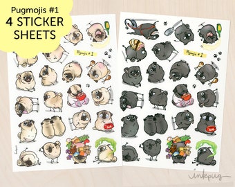 Pugmojis #1 pug stickers - fawn or black pug stickers, planner stickers for pug lover, pug sticker sheets with cute pugs by Inkpug