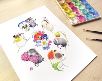 Pugs Primavera Pug Art Print - Cute Pugs Dancing with Flowers by Inkpug