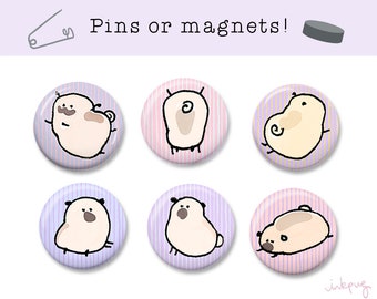 Pinstripe Pugs - simple dreamy pug pins or magnets, sweet watercolor pug accessories, simple pug magnets or pins by Inkpug