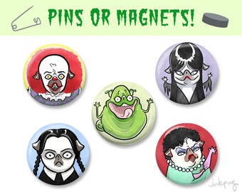 Halloween cult classic pug pins or magnets, retro Halloween movie pins, cute Halloween accessories, 80s / 90s Halloween pugs by Inkpug