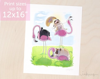 Flamingo Riders pug art print, fawn and black pugs riding pink flamingos, funny pug art, pink flamingo print, cute pug print by Inkpug