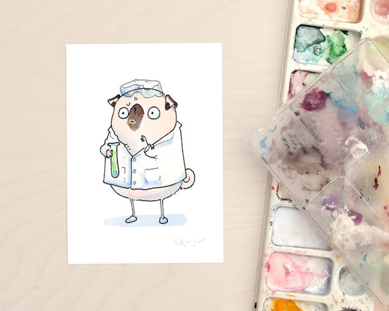 Scientist Pug Art Funny Lab Art Print Pug in a Lab Coat Etsy