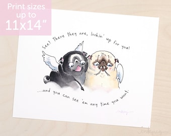 Angel Pugs art print - fawn and black pugs in Heaven by Inkpug
