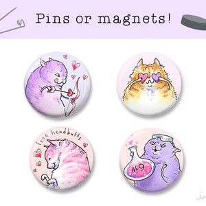 Valentine love cat pins - cute cat magnets or pinback buttons, Valentines Day cat lover gift by Inkpug