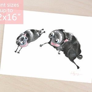 The Chase black pug art print - two black pugs, pug puppy, pug art, black pug decor or wall art, watercolor black pug painting by Inkpug