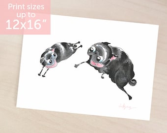 The Chase black pug art print - two black pugs, pug puppy, pug art, black pug decor or wall art, watercolor black pug painting by Inkpug