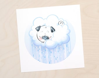 Soft Rain - pug art print, rain cloud pug print, pug cloud, rainy day pug in a cloud by Inkpug