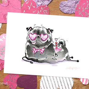 May include: A black pug wearing pink heart-shaped sunglasses and a pink bow tie, holding a pink cocktail with a cherry on top. The pug is sitting on a white background.